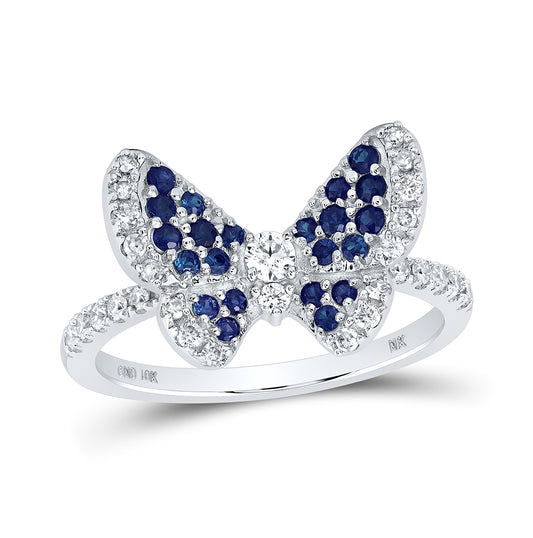 10K White Gold Womens Round Blue Sapphire Diamond Butterfly Ring 5/8 Cttw, Womens Size: 5-10