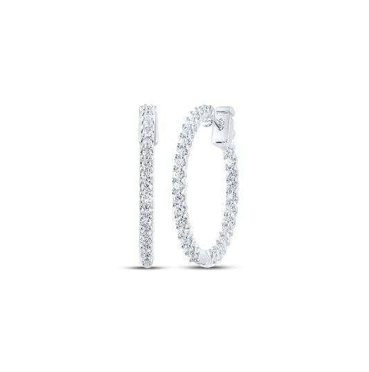 14K White Gold Women's Round Diamond Inside Outside Hoop Earrings 1ctw