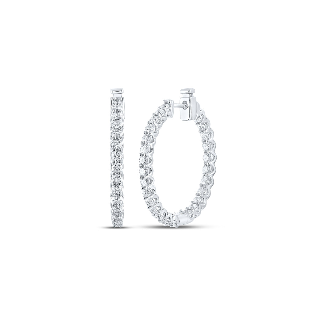 14K White Gold Womens Round Diamond Inside Outside Hoop Earrings 1-3/4 Cttw