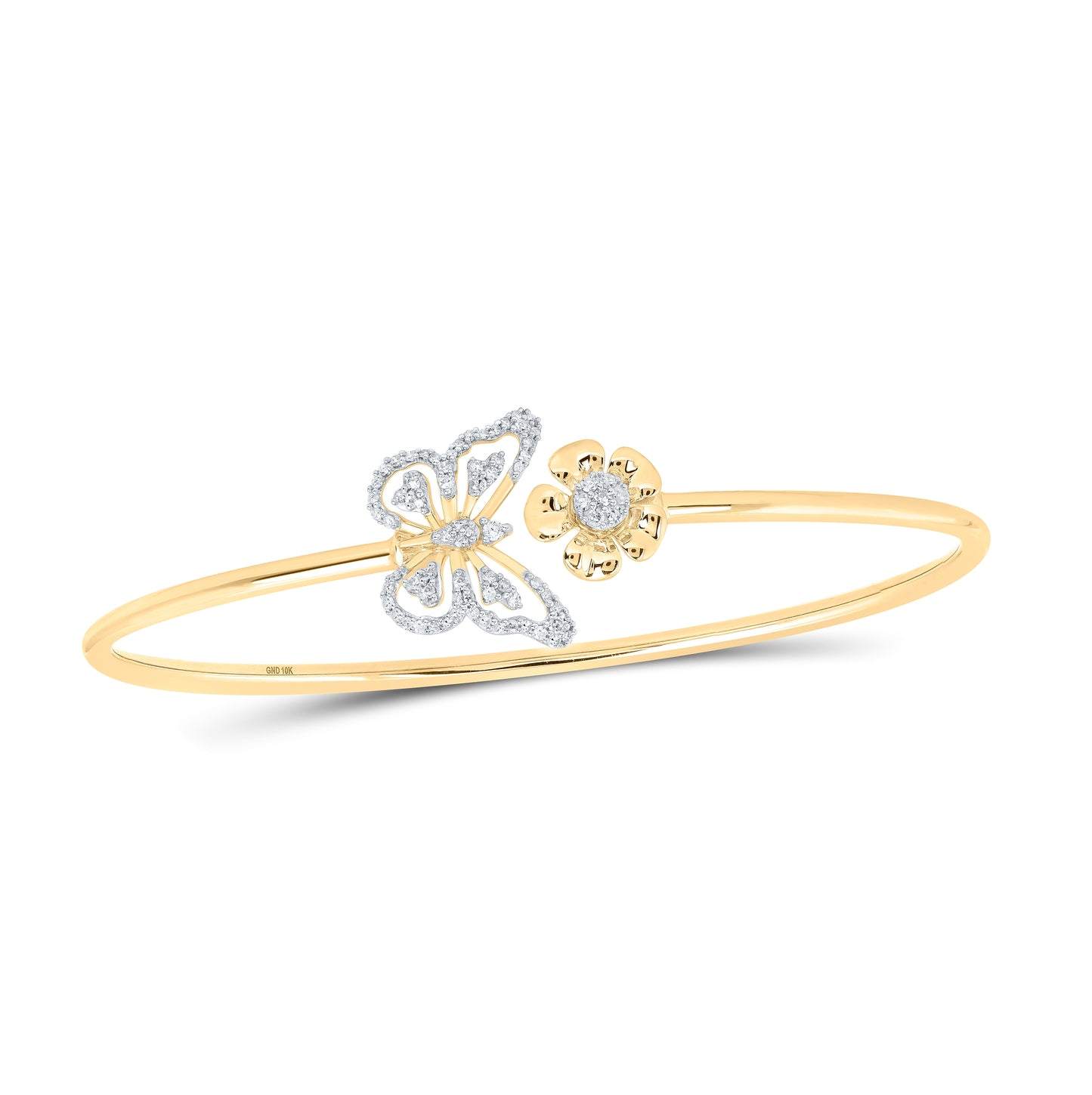 10K Yellow Gold Womens Round Diamond Butterfly Bangle Bracelet 1/4 Cttw