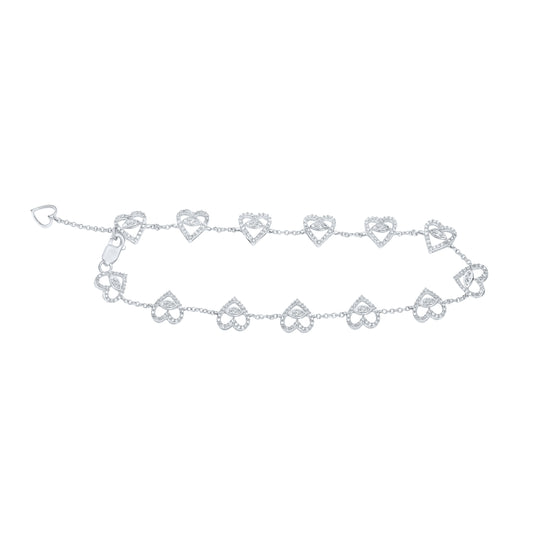 10K White Gold Womens Round Diamond Heart Bracelet 3/4 Cttw