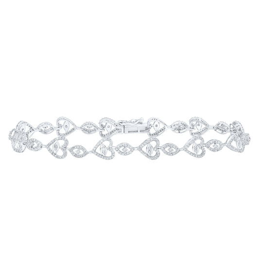 10K White Gold Womens Round Diamond Heart Bracelet 1 Cttw
