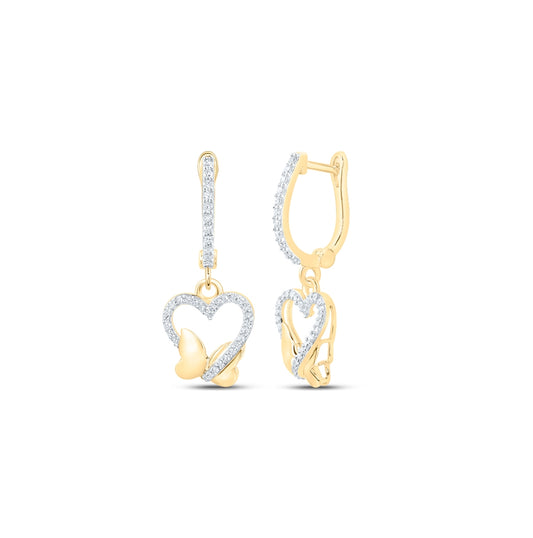 10K Yellow Gold Womens Round Diamond Butterfly Heart Dangle Earrings 1/4 Cttw