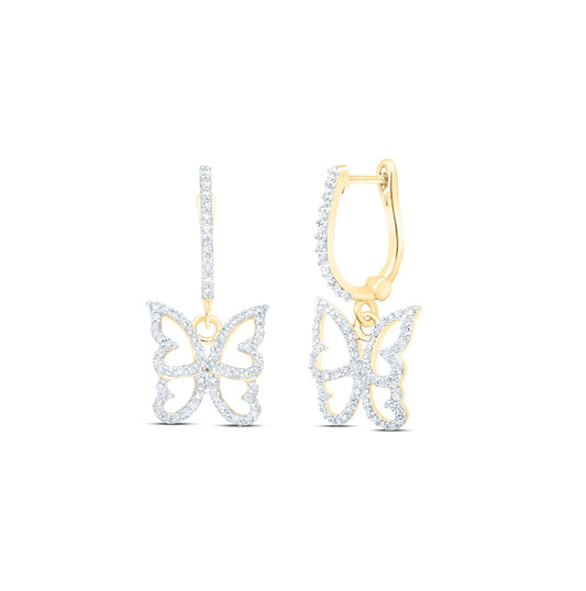 10K Yellow Or White Or Rose Gold Womens Round Diamond Butterfly Dangle Earrings
