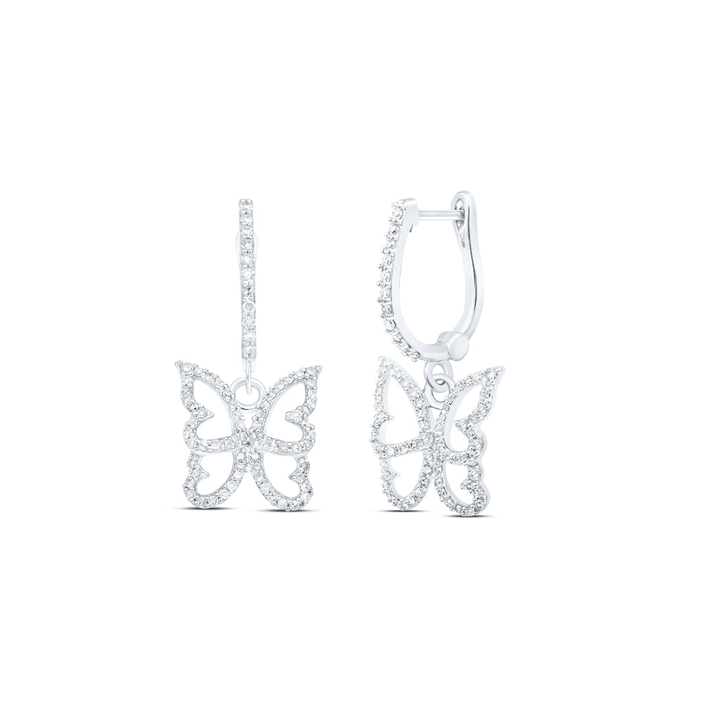 10K Yellow Or White Or Rose Gold Womens Round Diamond Butterfly Dangle Earrings