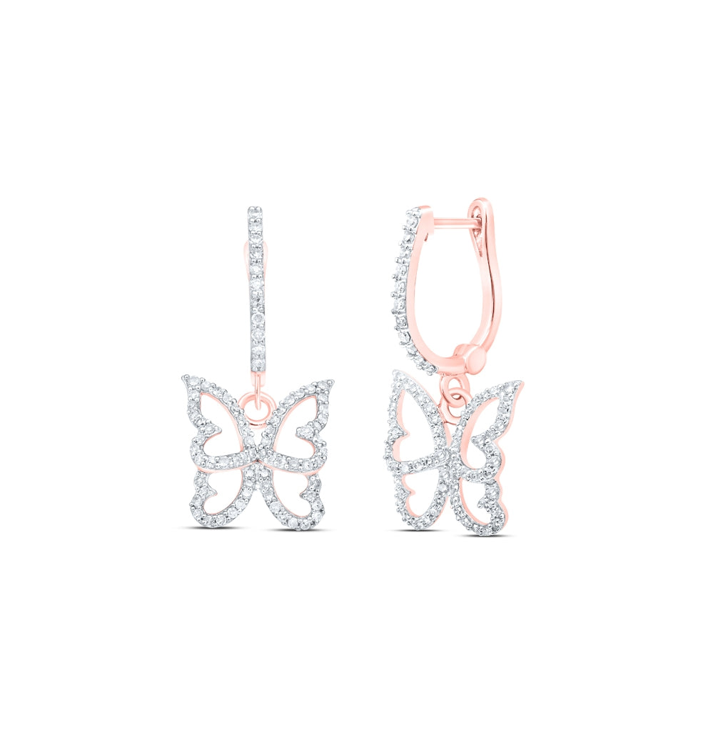10K Yellow Or White Or Rose Gold Womens Round Diamond Butterfly Dangle Earrings
