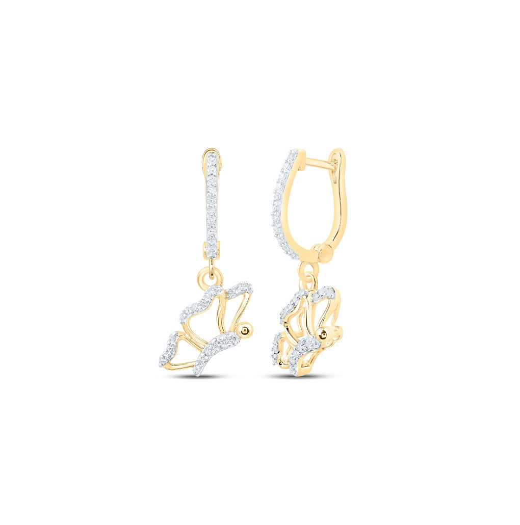 10K Yellow Or White Or Rose Gold Womens Round Diamond Butterfly Dangle Earrings