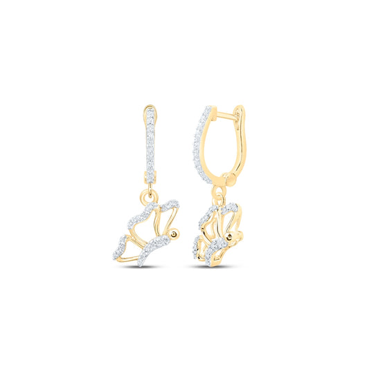 10K Yellow Or White Or Rose Gold Womens Round Diamond Butterfly Dangle Earrings