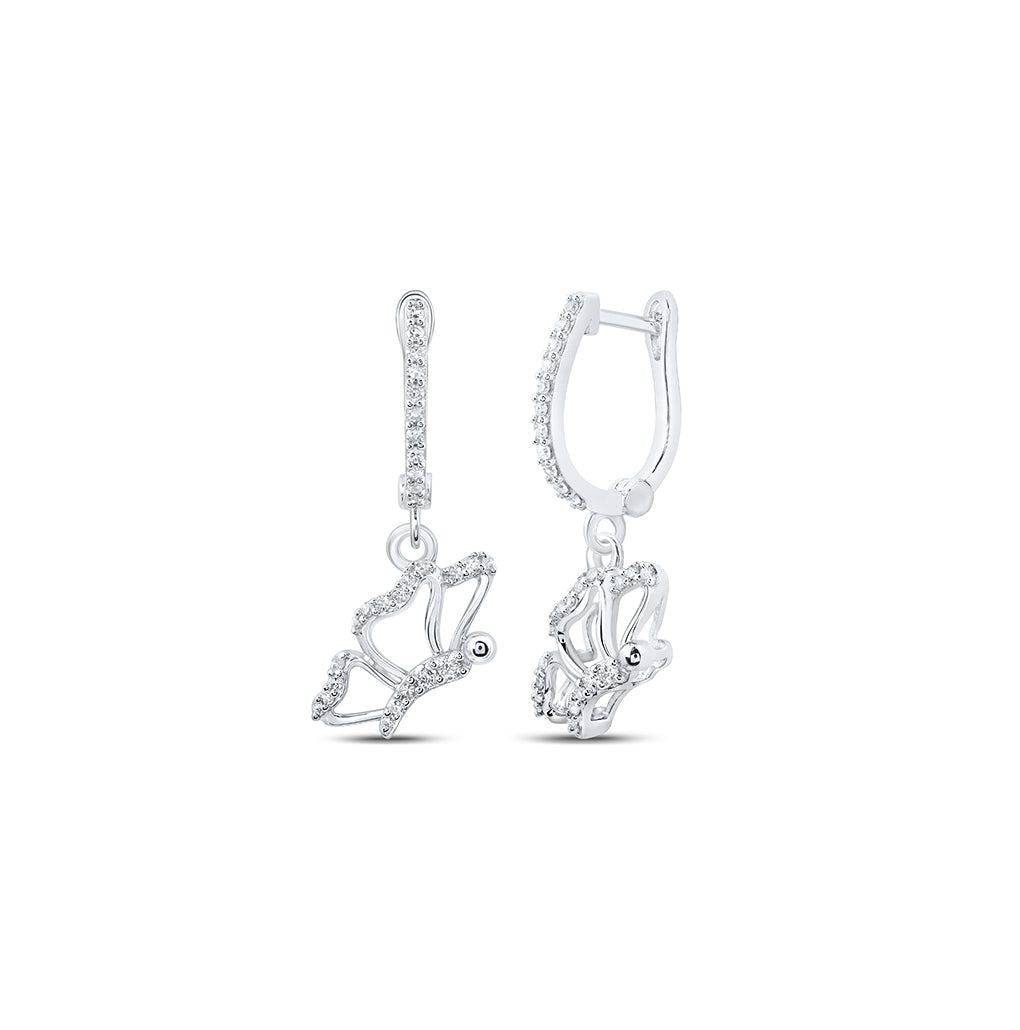 10K Yellow Or White Or Rose Gold Womens Round Diamond Butterfly Dangle Earrings