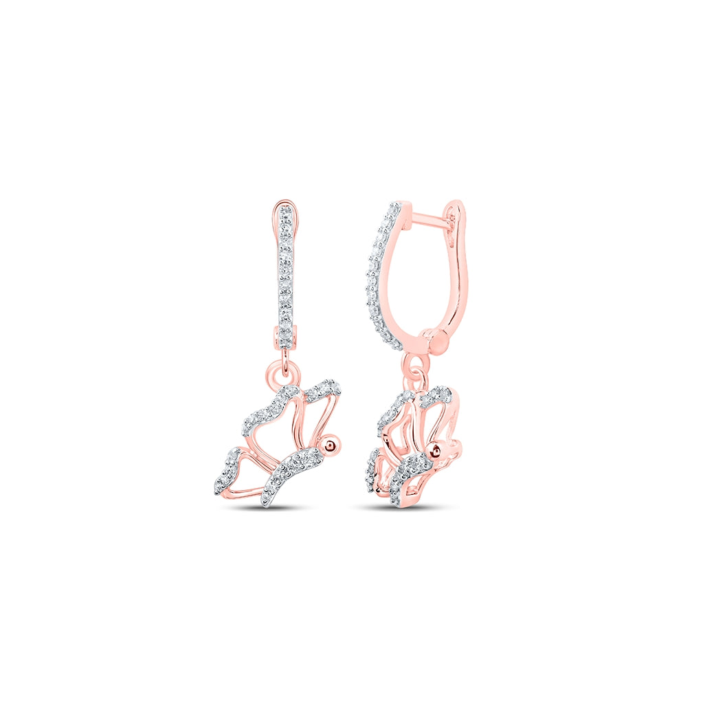 10K Yellow Or White Or Rose Gold Womens Round Diamond Butterfly Dangle Earrings