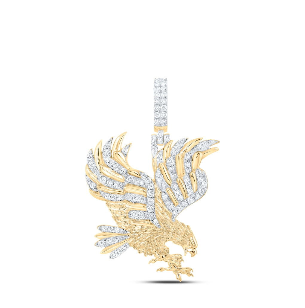 10K Yellow Gold Mens Round Diamond Eagle Charm Pendant 7/8 Cttw, Length: 1.69 In, Width: 1.35 In