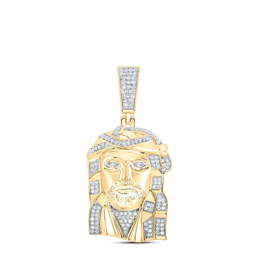 10K Yellow Gold Mens Round Diamond Jesus Face Charm Pendant 1/2 Cttw