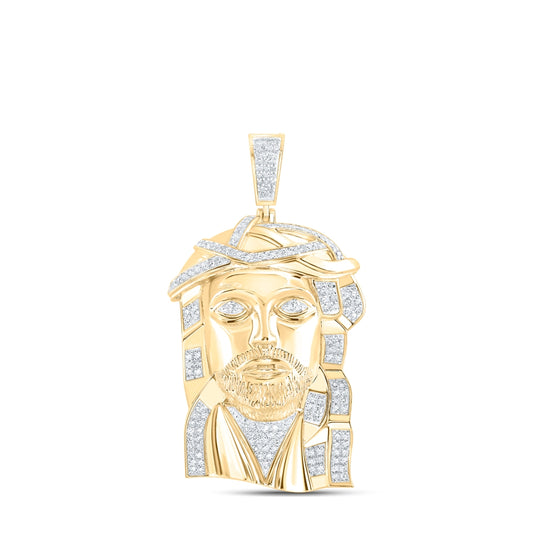 10K Yellow Gold Mens Round Diamond Jesus Face Charm Pendant 1-1/2 Cttw