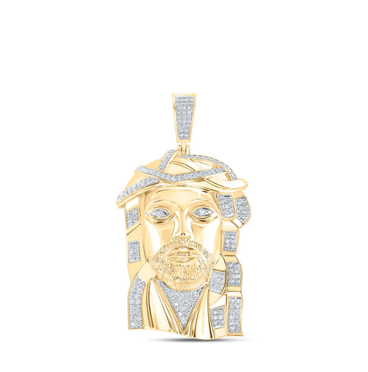 10K Yellow Gold Mens Round Diamond Jesus Face Charm Pendant 4-7/8 Cttw
