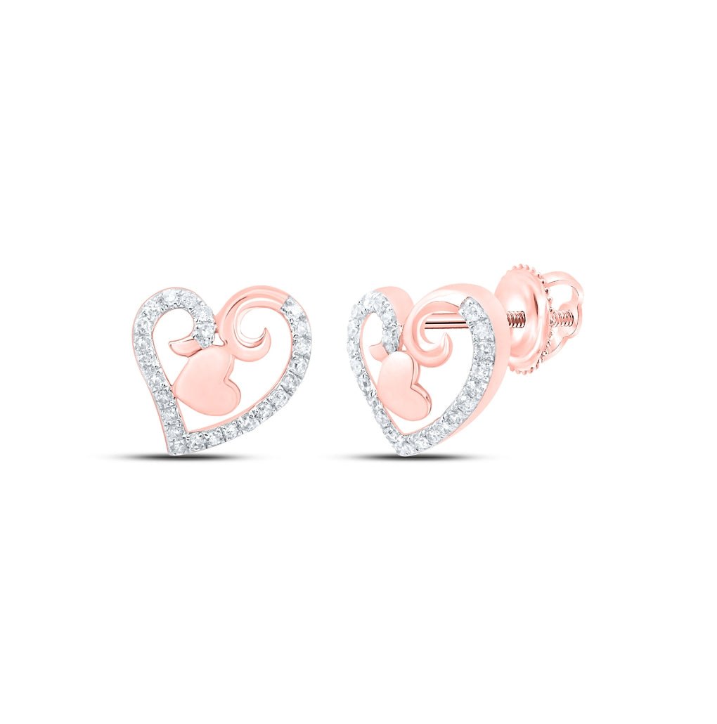 10K Yellow Or White Or Rose Gold Womens Round Diamond Heart Earrings