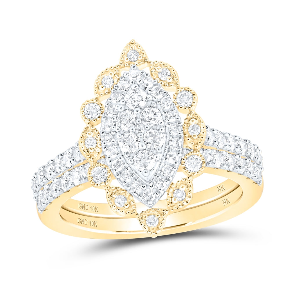 10K Yellow Or White Or Rose Gold Round Diamond Marquise-shape Bridal Wedding Ring Band Set , Womens Size: 5-10