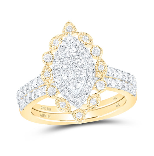 10K Yellow Or White Or Rose Gold Round Diamond Marquise-shape Bridal Wedding Ring Band Set , Womens Size: 5-10