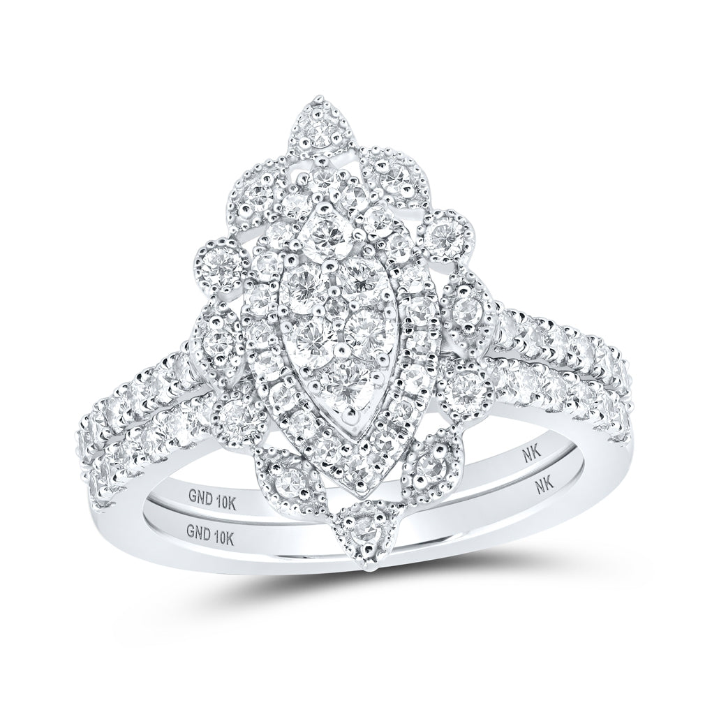 10K Yellow Or White Or Rose Gold Round Diamond Marquise-shape Bridal Wedding Ring Band Set , Womens Size: 5-10
