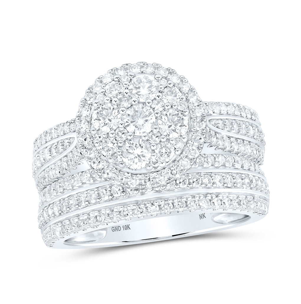 10K White Gold Round Diamond Cluster Bridal Wedding Ring Band Set 1-3/8 Cttw, Womens Size: 5-10