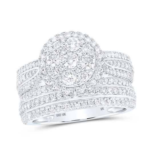 10K White Gold Round Diamond Cluster Bridal Wedding Ring Band Set 1-3/8 Cttw, Womens Size: 5-10