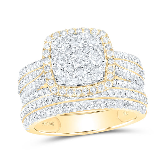 10K Yellow Or White Or Rose Gold Round Diamond Square Cluster Bridal Wedding Ring Band Set, Womens Size: 5-10