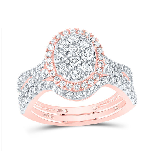 10K Rose Gold Round Diamond Oval-shape Bridal Wedding Ring Band Set 1 Cttw, Womens Size: 5-10