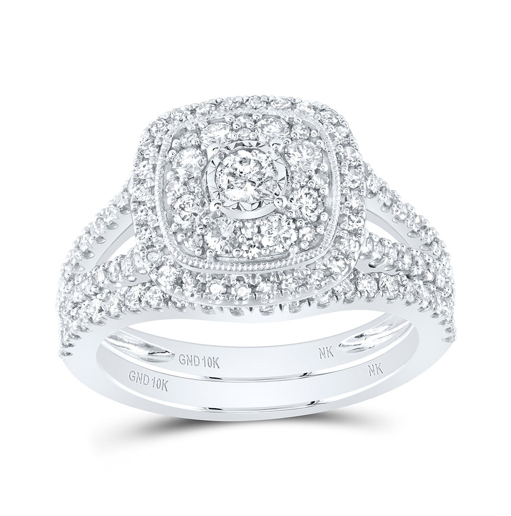 10K White Gold Round Diamond Cluster Bridal Wedding Ring Band Set 1ctw, Womens Size: 5-10