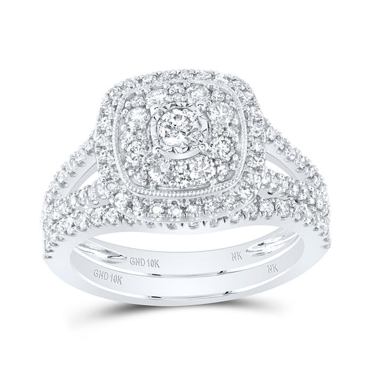 10K White Gold Round Diamond Cluster Bridal Wedding Ring Band Set 1ctw, Womens Size: 5-10