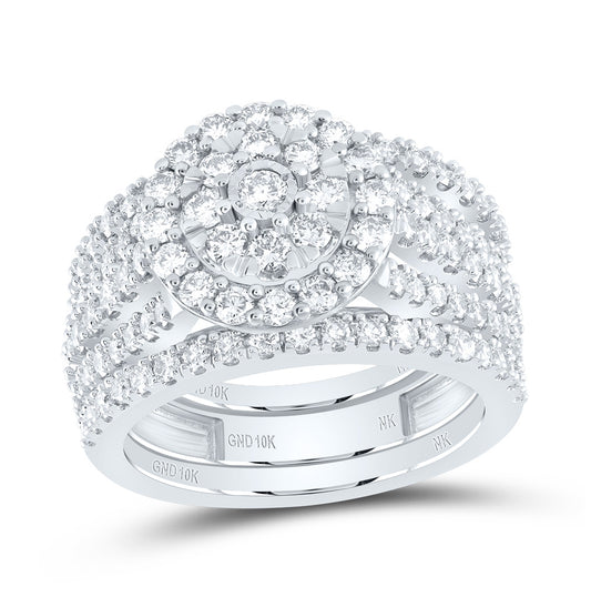 10K White Gold Round Diamond Cluster Bridal Wedding Ring Band Set 1-7/8 Cttw, Womens Size: 5-10