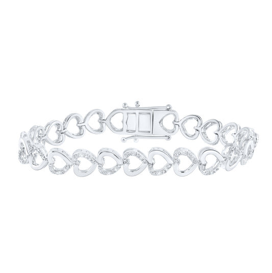Sterling Silver Womens Round Diamond Heart Bracelet 1/4 Cttw