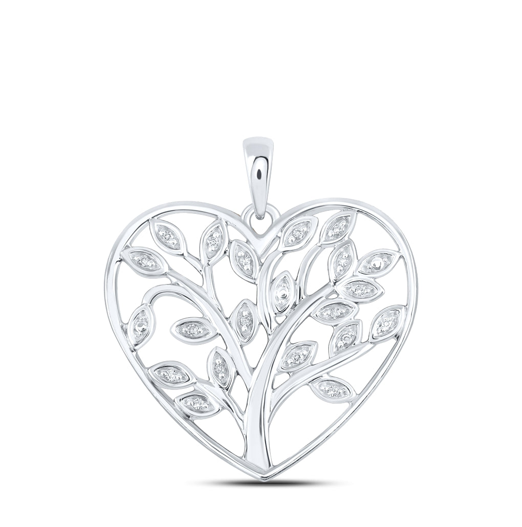 Sterling Silver Womens Round Diamond Tree Heart Pendant 1/12ctw, Length: 1.08 Inch Width: 0.98 Inch