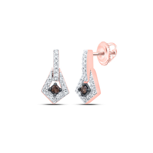 10K Rose Gold Womens Round Brown Diamond Dangle Earrings 1/6 Cttw