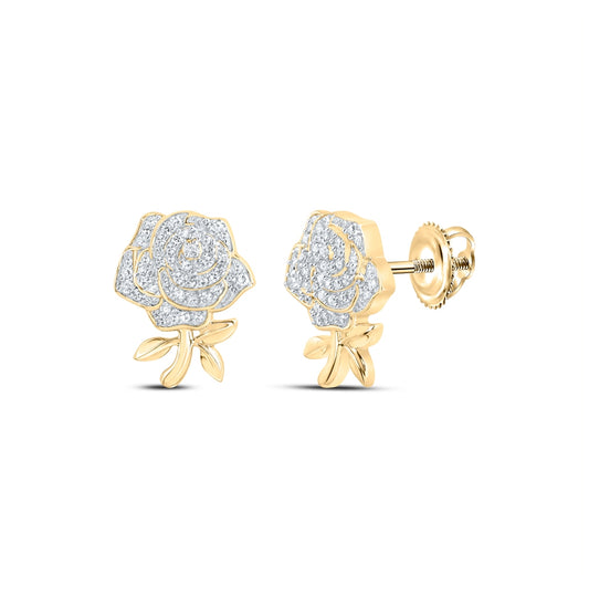 10K Yellow Gold Womens Round Diamond Rose Flower Earrings 1/3 Cttw