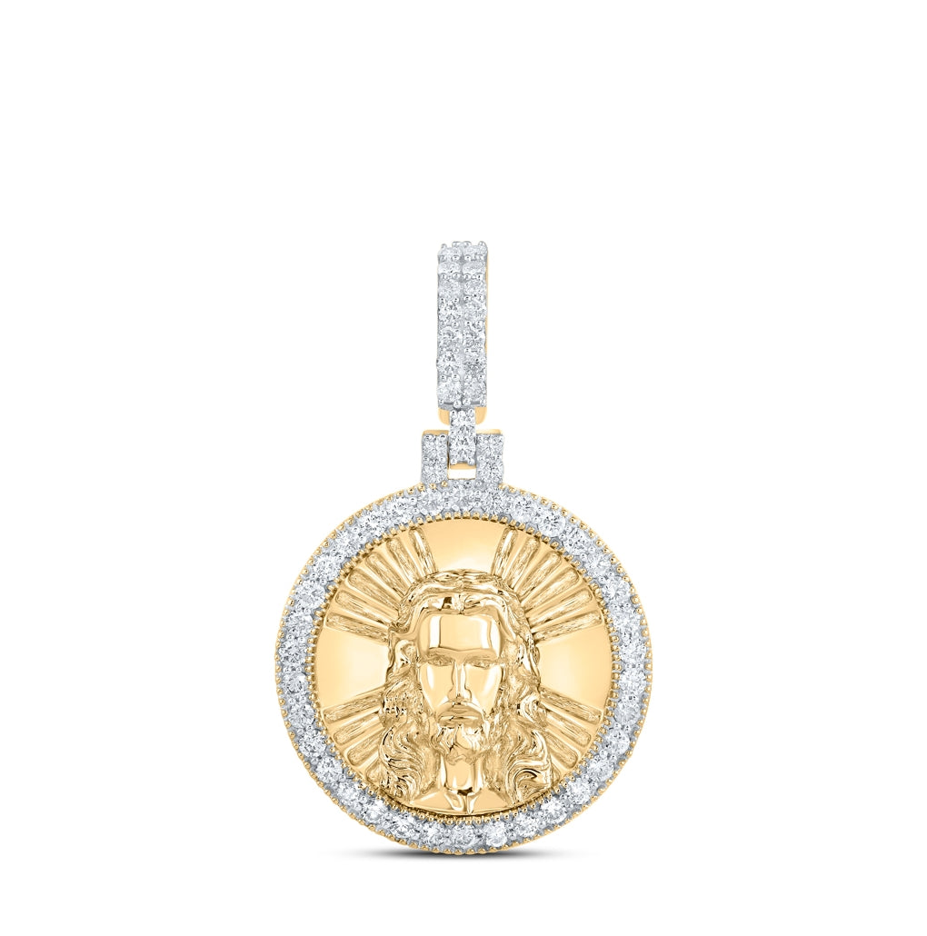 10K Yellow Gold Mens Round Diamond Jesus Face Circle Charm Pendant 3/4 Cttw, Length: 1.29 In, Width: 0.79 In