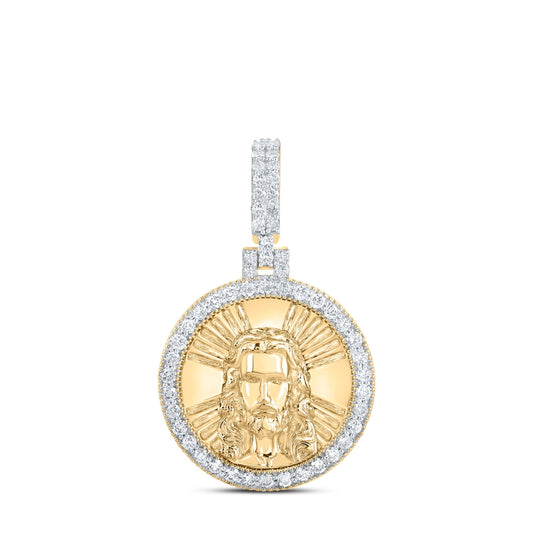10K Yellow Gold Mens Round Diamond Jesus Face Circle Charm Pendant 3/4 Cttw, Length: 1.29 In, Width: 0.79 In