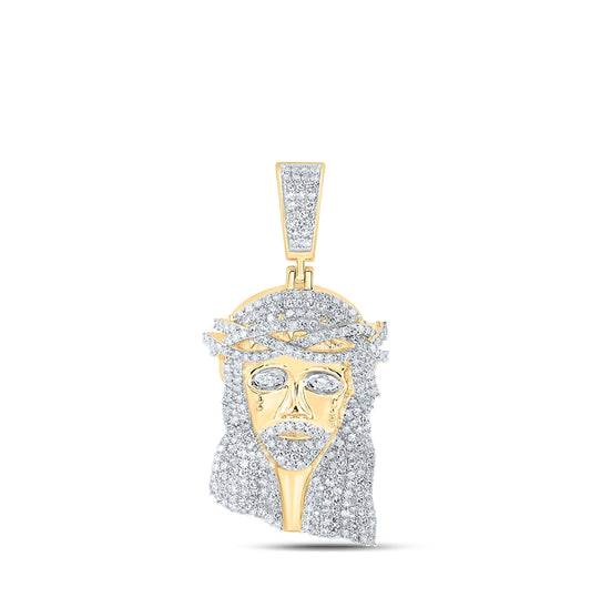 10K Yellow Gold Mens Round Diamond Jesus Face Charm Pendant 2-1/3 Cttw