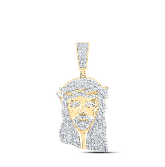 10K Yellow Gold Mens Round Diamond Jesus Face Charm Pendant 6-1/3 Cttw
