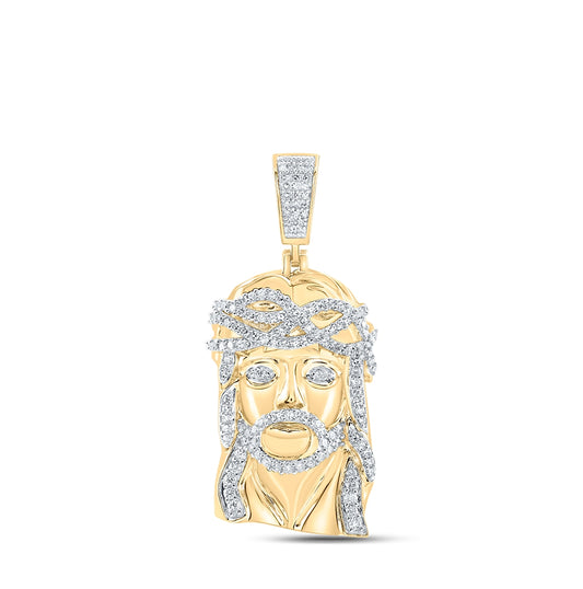 10K Yellow Gold Mens Round Diamond Jesus Face Charm Pendant 1-1/2ctw