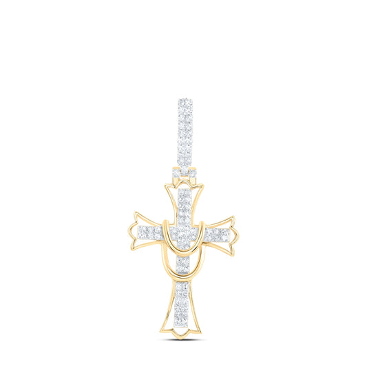 10K Yellow Gold Mens Round Diamond Cross Charm Pendant 1/2ctw