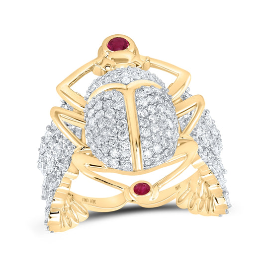 10K Yellow Gold Mens Round Ruby Diamond Scarab Band Ring 2-3/8 Cttw, Mens Size: 7-13