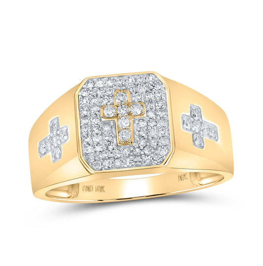 10K Yellow Gold Mens Round Diamond Cross Ring 3/8 Cttw, Mens Size: 7-13