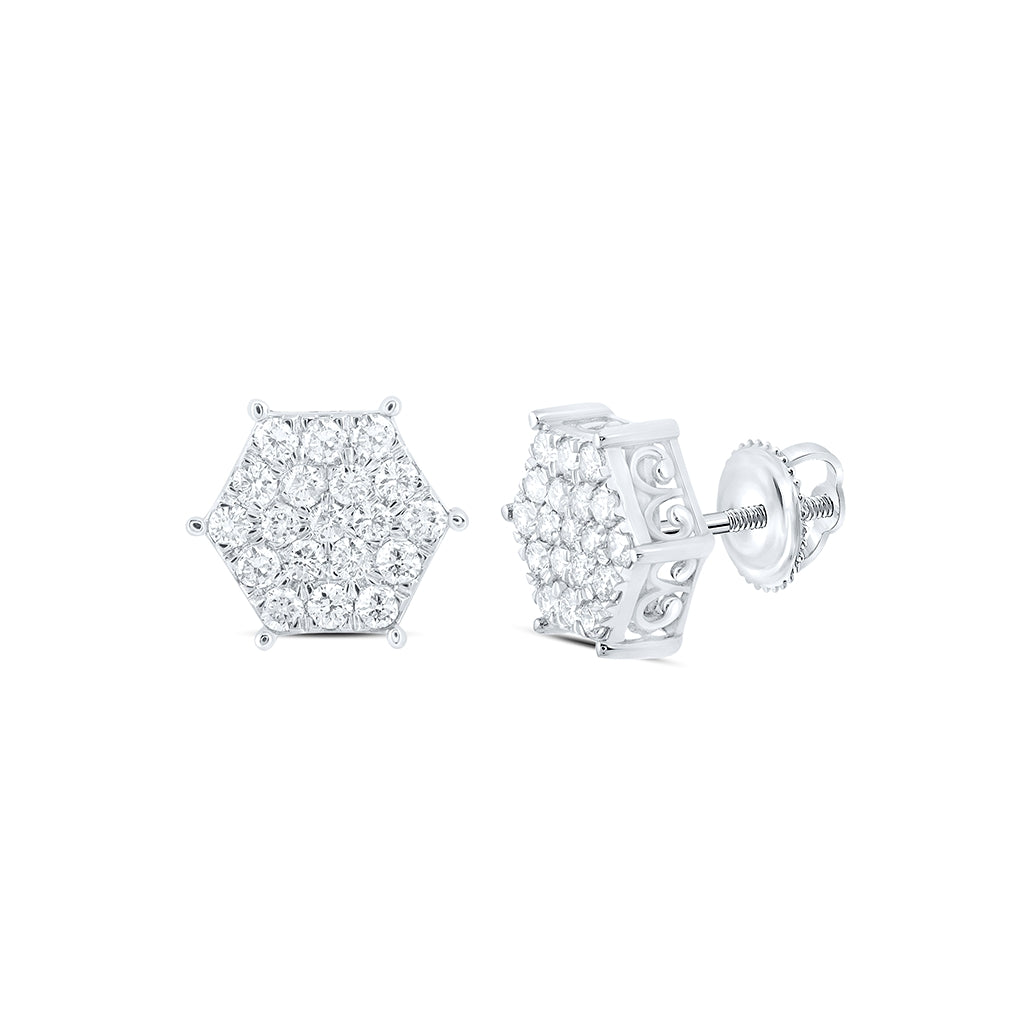 10K White Or Yellow Gold Womens Round Diamond Hexagon Cluster Earrings
