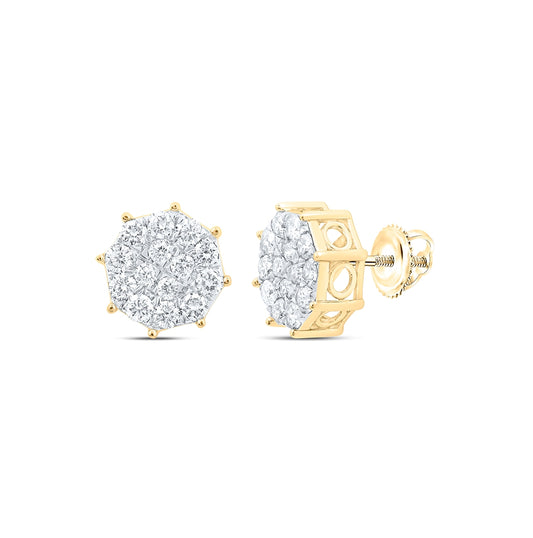 10K Yellow Gold Womens Round Diamond Octagon Cluster Earrings 7/8 Cttw