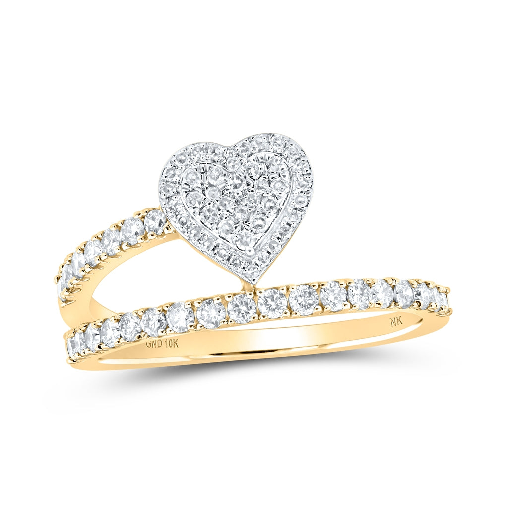 10K Yellow Gold Womens Round Diamond Heart Band Ring 1/2 Cttw, Womens Size: 5-10