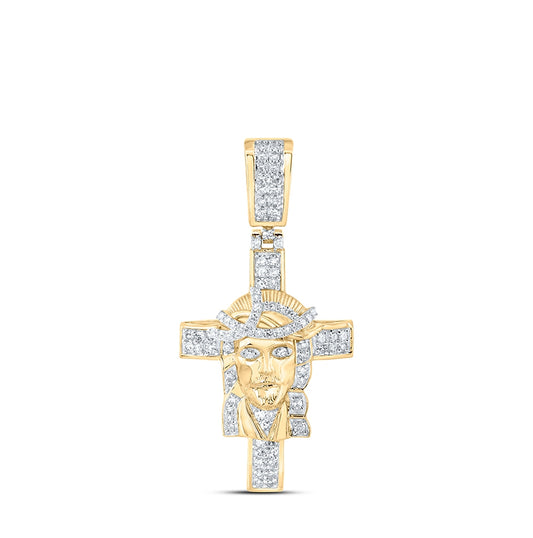 10K Yellow Gold Men's Round Dia. Jesus Cross Charm Pendant 1/2ctw