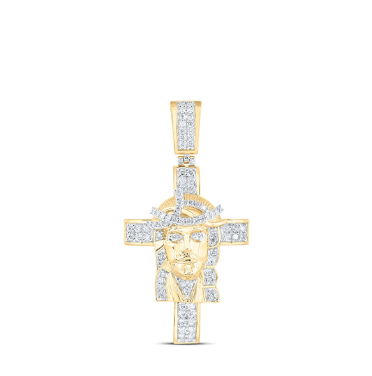10K Yellow Gold Mens Round Diamond Jesus Cross Charm Pendant 1ctw