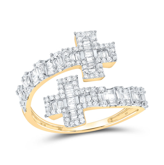 10K Yellow Or White Or Rose Gold Womens Round Diamond Cross Cuff Band Ring , Womens Size: 5-10