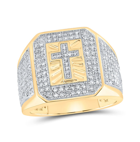 10K Yellow Gold Mens Round Diamond Cross Ring 1-3/8 Cttw, Mens Size: 7-13