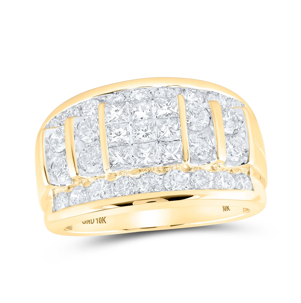 10K White Or Yellow Gold Mens Princess Diamond Round Band Ring , Mens Size: 7-13