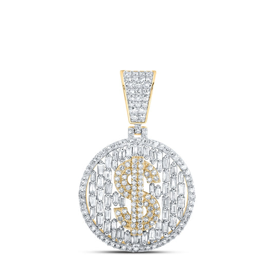 10K Yellow Gold Mens Round Diamond Dollar Sign Circle Charm Pendant 1-1/2 Cttw